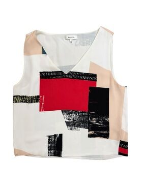 Babaton White Abstract Print V-Neck Sleeveless Top - Red & Black Accents